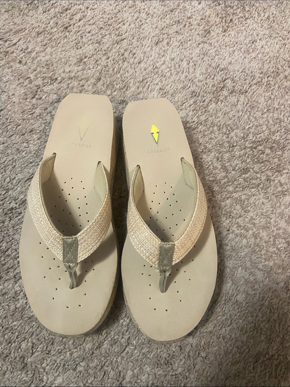 Volatile Neutral Beige Wedge Thong Sandals